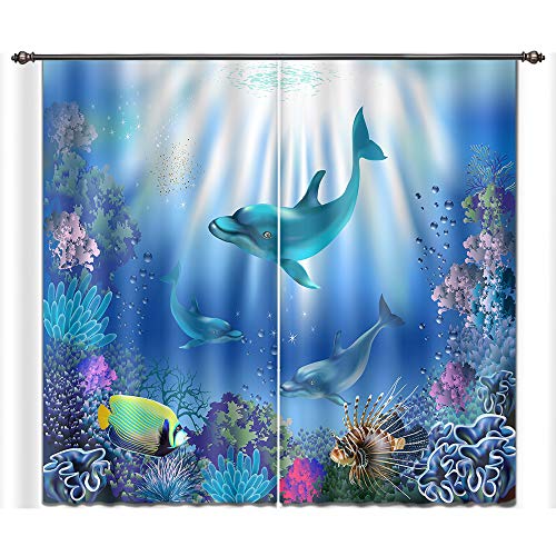 LB Dolphin Decor 3D Window Curtains, Visiting Dolphin Undersea Window Treatment Curtains Living Room Bedroom Window Drapes 2 Panels Set,104W x 84L Inches