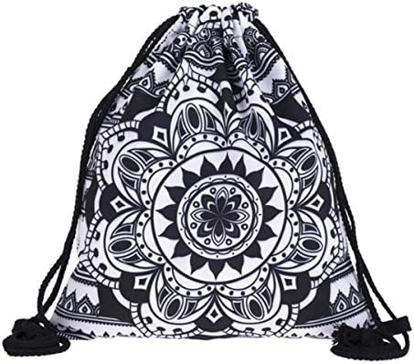 BAGOOE Printed 3D Patterns Floral Darwstring Quick Pack Travel Storage Shoulder Gym Bag Pouch Backpack Rucksack, Black White Mandala