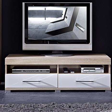 Stella Trading TV-Element Sonoma Eiche hell Nachbildung, weiß Hochganz MDF, ca. 120x38x48 cm TV-Element Schrank Unterteil Kommode fernseherstand, Holz, braun, 48.0 x 120.0 x 38.0 cm