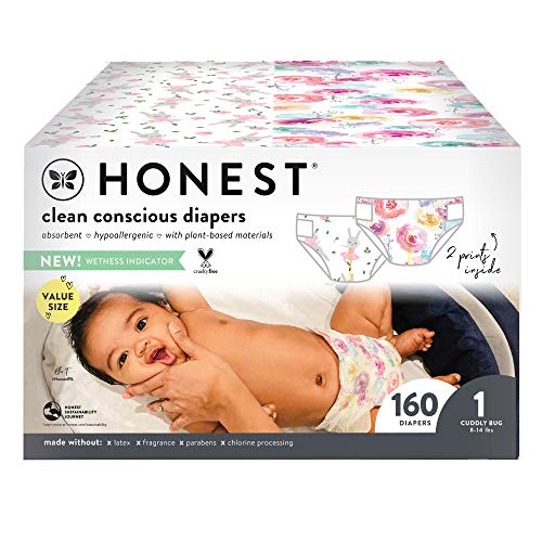 the honest company - caja super club, pañales de conciencia limpia, flor de rosa + tutú lindo, tamaño 1, 160 unidades 