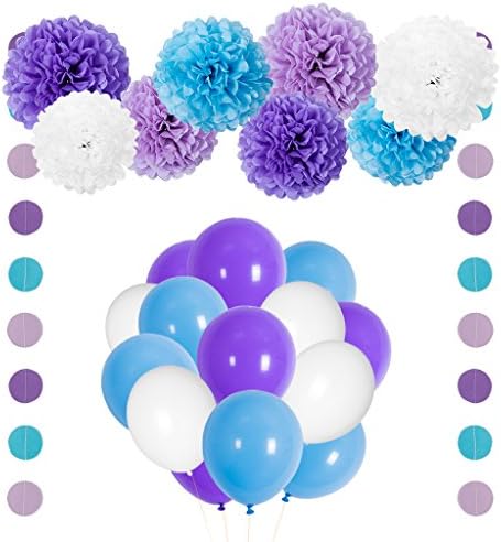 Mermaid Party Decorations Purple Blue Tissue Pom Pom Flowers Balloons Circle Garland Kit for Birthday Bridal Baby Shower Decorations