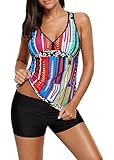 EVALESS Women's Floral Printed Patchwork V Neck Two Piece Swimsuit Padded Tankini Set