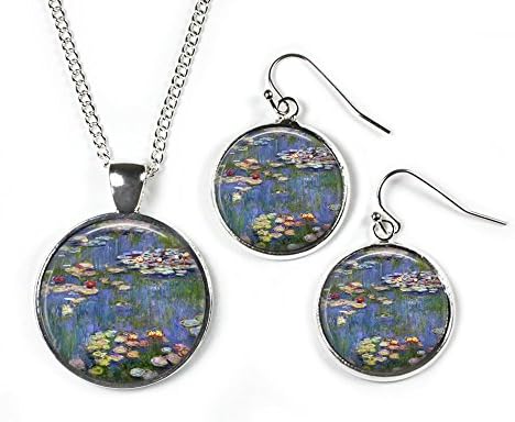 WATERLILIES Claude Monet - Set: Pendant, Chain & Earrings - Glass Picture Jewellery - Silver Plated