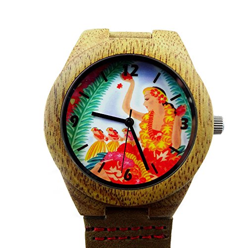 Handmade Kahala Wooden Watch Made With Natural Acacia Koa Wood with Lei Dancing Hawaiian Artwork - HGW-206