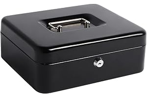 KENTOKO Cash Box with Money Tray, Lock Safe Metal Money Box with Key, Storage Box Money Saving Organizer for Kids, Black, 9.84" x 7.87" x 3.46"