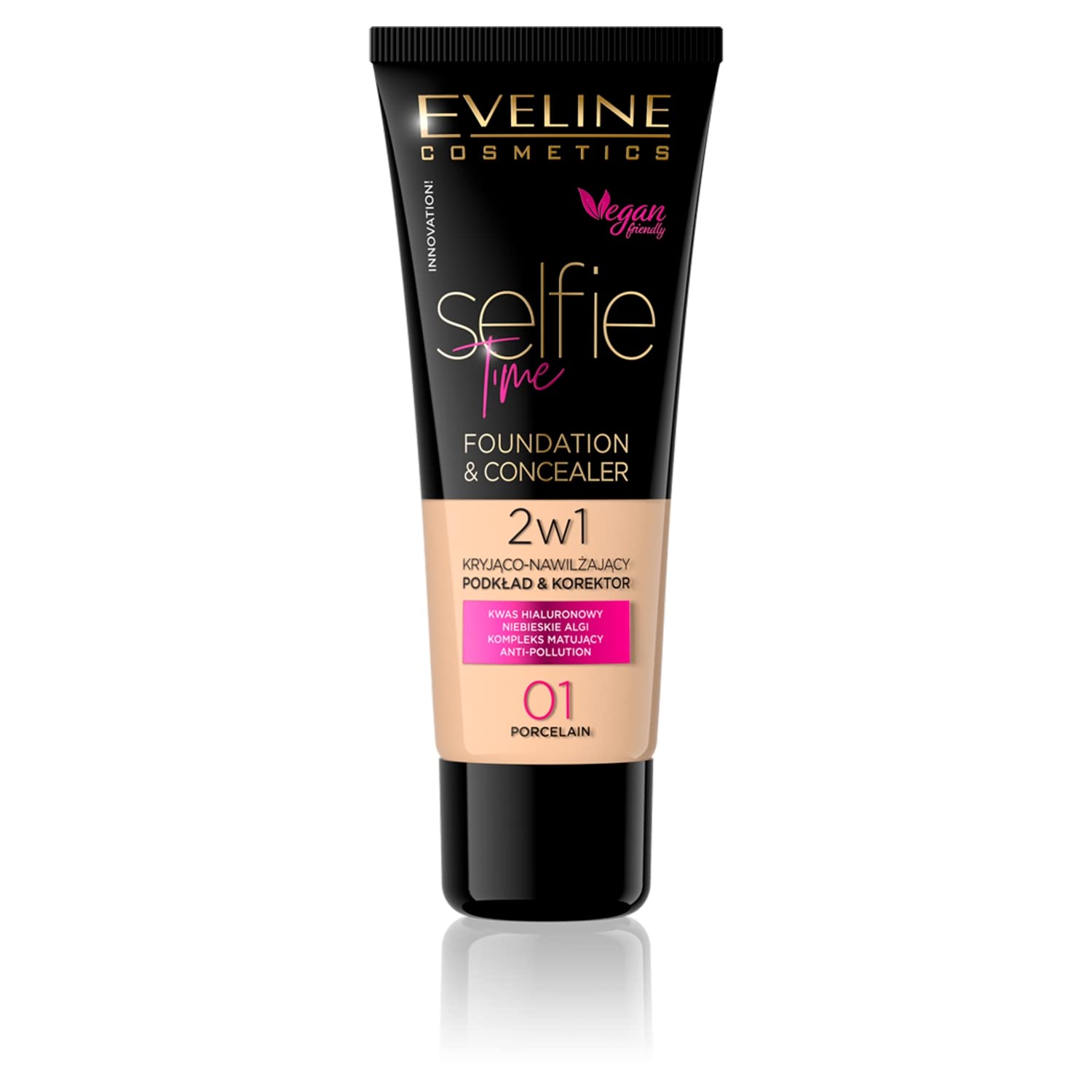 Eveline Cosmetics Selfie Time Moisturising Foundation & Concealer No. 01 Porcelain - Buildable Coverage, Hyaluronic Acid & Vitamin E, Anti-Pollution Formula, 30 ml
