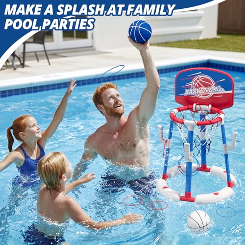 2 in 1 Pool Basketball Hoop Set with Backboard & Ring Toss Game, Floating Water Basketball Game with 4 Balls, 8 Rings & Pump, Summer Outdoor Swimming Pool Toys Gifts for Adults Kids Teens, Red
