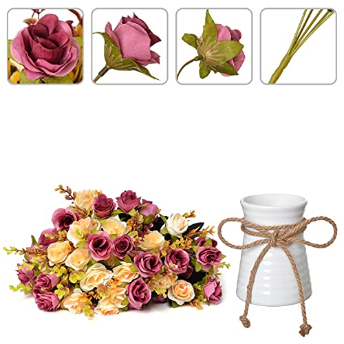 Artificial Flowers in Vase, Fake Rose Flowers Bouquet with Ceramics
