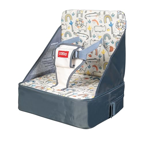 Nuby Easy Go Booster Seat - Travel Booster Seat for Babies and Toddlers with 3-Point Harness - 9+ Months - Beige Safari Print