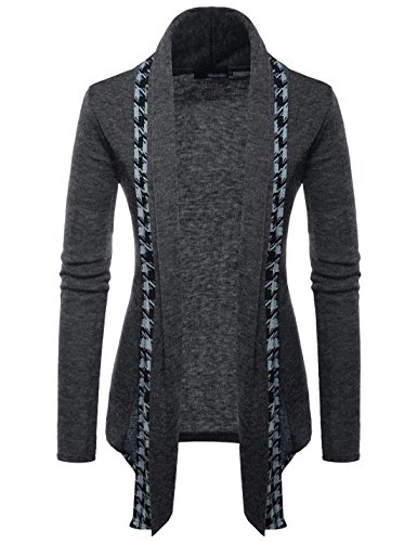(GD92) Slim Fit Hound tooth Check Open Front Shawl Collar Stylish Wool Cardigan CHARCOAL US XS(Tag size M)
