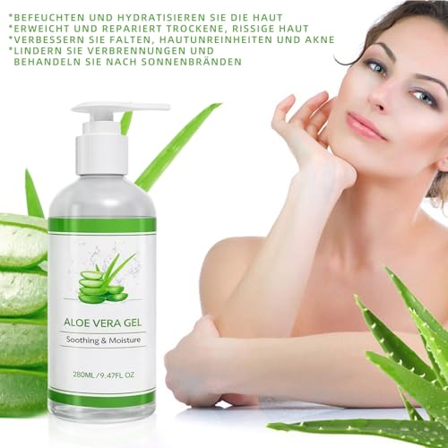 Aloe Vera Gel 280 ml - Aloe Vera Gel 100% Organic for Face, Natural, Soothing and Nourishing Moisturising Cream After Sun, for Face, Hair and Body