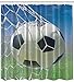 Sports Decor by Ambesonne, Soccer Goal Net Football Games Photo Design Field Grass Sky Ball for Teens and Kids Fabric Shower Curtain, 69x70 Inches, Black White Blue Green