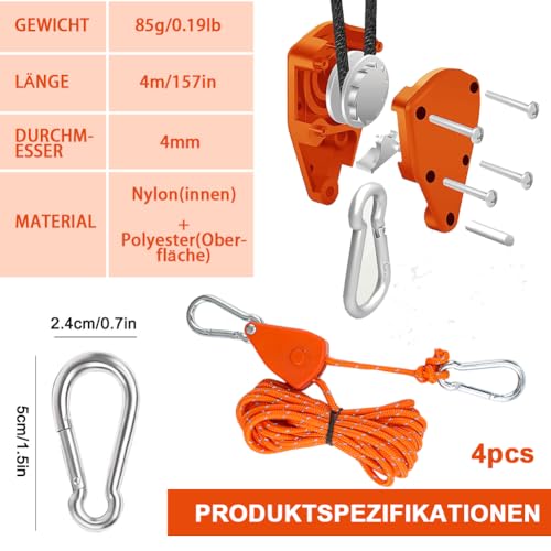Tyafzzn Pack of 4 4 mm Adjustable Rope Ratchet, 4 m Guy Ropes with Rope Tensioner, Adjustable Ratchet Hanger, Tent Cord with Storage Bag, Reflective Guy Ropes for Awning (Orange)