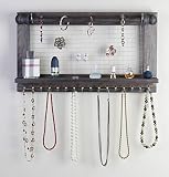 Hanging Jewelry Organizer | Wall Mounted Wooden Holder for Necklace, Earrings, Bracelets, Rings & Other Accessories | With Hooks, Shelf, Wire Grid & Removable Bar | 17.5" x 10" Size | Rustic Brown