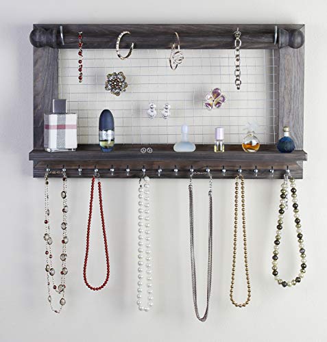 Hanging Jewelry Organizer | Wall Mounted Wooden Holder for Necklace, Earrings, Bracelets, Rings & Other Accessories | With Hooks, Shelf, Wire Grid & Removable Bar | 17.5" x 10" Size | Rustic Brown