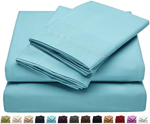 King Size Bed Sheet Set - Soft Brushed Microfiber Luxury Comfort Sheet Set - 1800 Thread Count Bedding Linens – Embroidered Design – Light Blue - Victoria Collection by Jessie Porter