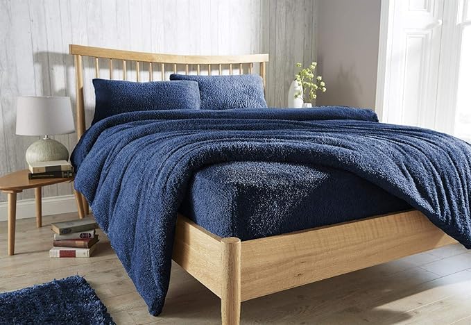 Teddy Bear Fleece Fitted Bed Sheet Extra Deep 30 cm or Duvet Covers Single Double King Super King Size UK (Pillow Pair navy)