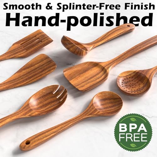 CENXI Wooden Cooking Spoons, Cooking Utensils 9 pcs, Natural Teak Wooden Cooking Spatulas, with Utensils Holder and 7Hooks, Comfort Grip Wooden Kitchen Utensils for Nonstick Cookware (9pcs&hook)