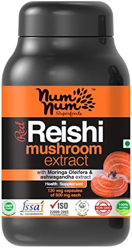 Red Reishi Mushroom Extract Ganoderma Lucidum Extract with Moringa Leaf Extract and Ashwagandha Root and Leaf Extract, 120 Veg Capsules of 500 mg each