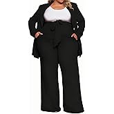 Fuiuwhs Black Pants Suit for Women Plus Size 2 Piece Outfits Long Sleeve Casual Blazers with Straight Leg Pants Set Suiting Black 4XL
