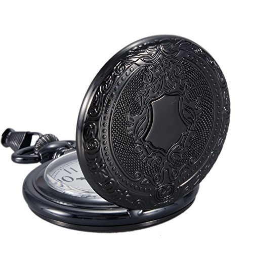 SwitchMe Retro Quartz Shield Round Case Pocket Watch Japan Movement with Belt Clip Chain Black
