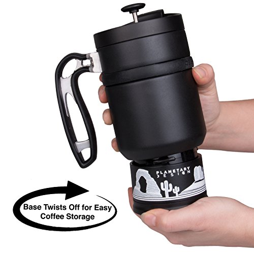 BruTrek Double Shot 3.0 Travel French Press Coffee Mug - Bru-Stop Insulated Stainless Steel Mug with Non-Slip Grip, Obsidian, 16 oz Cup