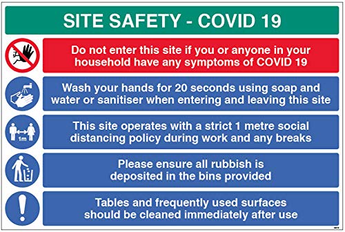 Site Safety COVID19 - wash hands, 1mpolicy, place rubbish in bin, clean surfaces - 4mm fluted 900x600mm