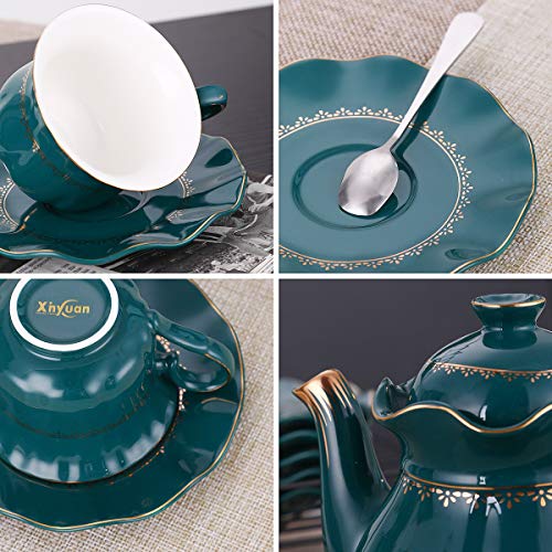 22-Piece Porcelain Ceramic Tea Gift Set with Metal Holder, Coffee Service Set with Cups, Saucers, Teapot, Sugar Bowl, Creamer and Teaspoons.