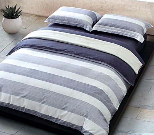 Cabana Stripe Modern Duvet Cover 100-Cotton Twill Bedding Set Geometric White and Navy Distressed Rugby Stripes Print in Dusty Blue Shades Reversible (Queen, Navy)