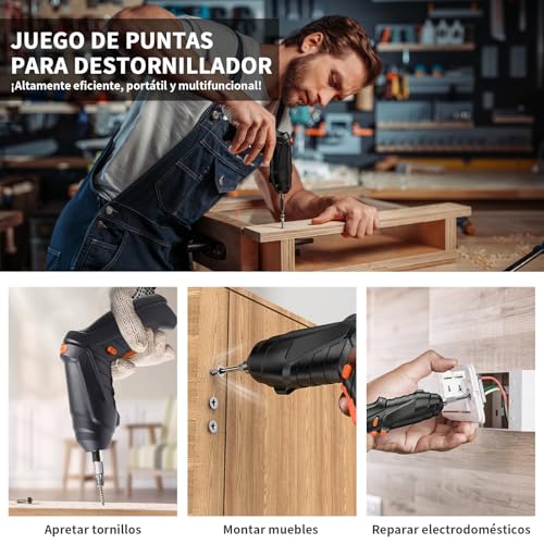 YEAHCHIC Juego de 47 Destornillador Eléctrico Inalámbricos de 3,6 V con Puntas Recargables por USB，Uso Doméstico, Reparación， Mango Giratorio de 90°a 180°, Atornillador Puntas Intercambiables