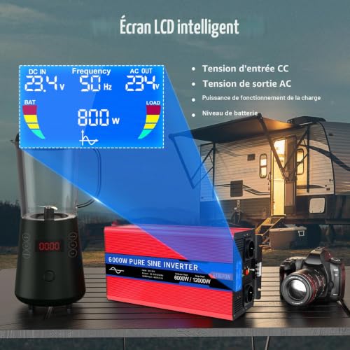 ETREPOW 6000 W 24 V 220 V/230 V Pure Sine Inverters Transformer - 2 EU AC Power Socket, 1 USB Port, Wireless Remote Control and LCD Screen, for Trucks, Camping, Travel