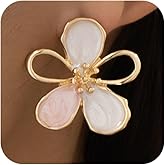 Dainty Gold Hollow Oil-Drip Enamel Flower Stud Earrings for Women, Retro Light Red White Petal Floral Earring Unique Boho Party Vacation Jewelry Gift