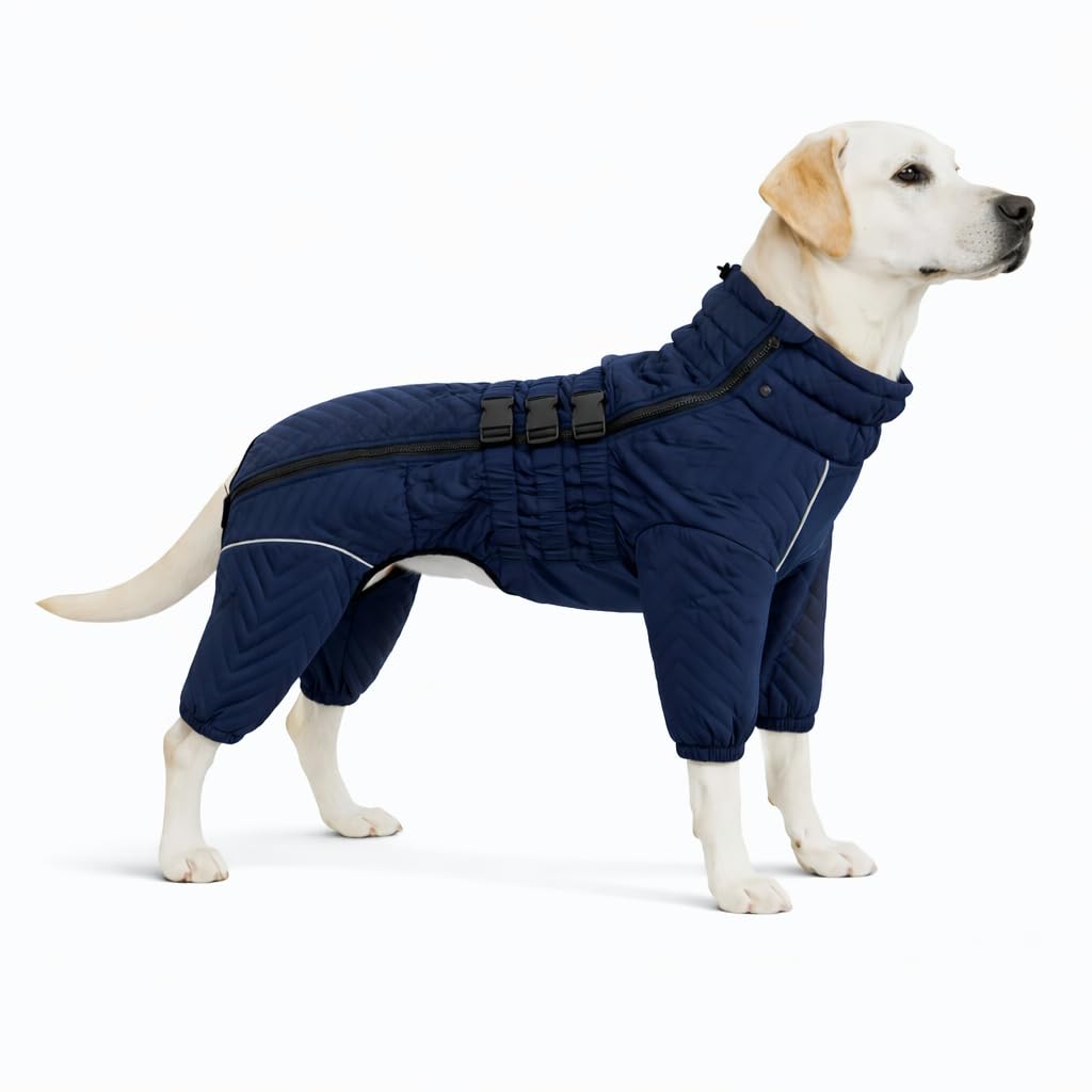 Warm Dog Coat Double Layers Dog Vest, 4 Legs Covered Windproof Waterproof Reflective Warm Dog Vest Outdoor Skating Dog Costume for Small Medium Large Dogs Navyblue 3XL