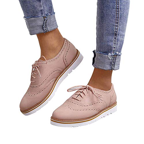 Susanny Women's Wigtips Oxfords Platform Lace Up Brogues Slip on Perforated Spring Shoes Pink 9 B (M) US - Thumbnail 5