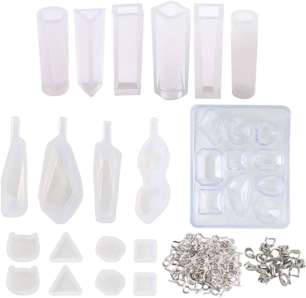 FJSM Casting Resin Molds Silicone Molds 19pcs Jewelry Making and Tool Set for Pendant Jewelry Earrings Making with 100pcs Rings + 10pcs Pendants, Polymer Clay Craft Items