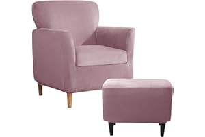 UNBBRRL Armchair and Ottoman Covers Set, Matching Accent Chair and Ottoman Slipcovers Rectangle Stretch Velvet Non-Slip for Living Room (Pink, Armchair with Seat+Ottoman Rectangle)