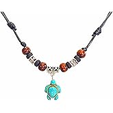 Nove Jewelry Leather Hawaiian Sea Turtle Necklace - Bone Beaded Necklace - Wood Bead and Adjustable Cord