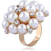 Big CZ Pearl Statement Wedding Ring for Women Girls Vintage Rhinestone Crystal Faux Pearls Ball Flower Adjustable Open Band Wrap Birthday Christmas Cocktail Party Ring Comfort Fit Exaggerated Jewelry Gift (Gold-Toned)