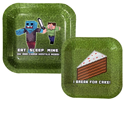Birthday Party Plate Sets for Mining Themed Parties (Service for 8) - New Thicker Plates! - Tableware - Pixel Style Miner Plates - Includes Eight (8) 9 Dinner Plates & Eight (8) 7 Dessert Plates