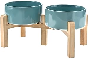 SPUNKYJUNKY Elevated Dog Bowls Ceramic, 6.1'' Dogs and Cat Food Water Bowls Raised with Non-Slip Bamboo Stand for Medium Sized Breed Microwave Dishwasher Safe - 28.7 OZ,Dark Green
