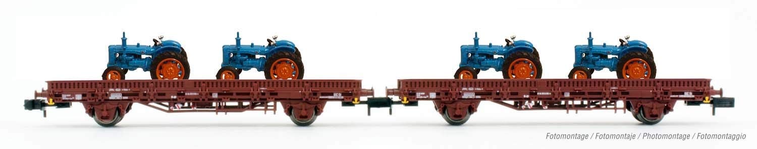 ARNOLD HN6489 FS, 2-Unit Pack PP (Ks) Wagons, Loaded with 4 Blue Tractors, Period III-IV Rolling Stock