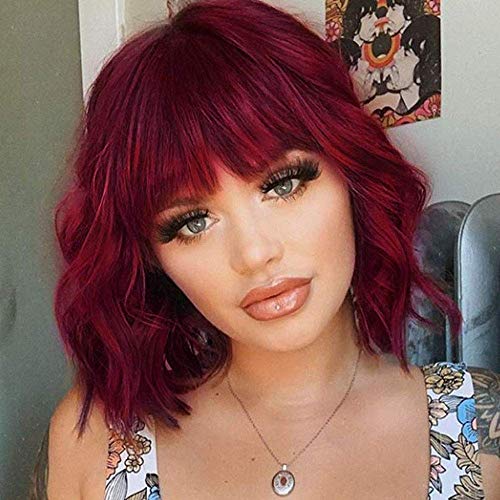 Women Curly Wig with Bangs Short Wavy Hair Wig , Wine Red ...