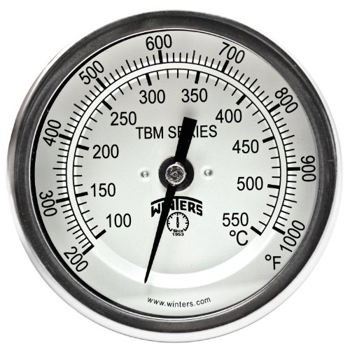 Winters TBM Series Stainless Steel 304 Dual Scale Bi-Metal Thermometer, 6" Stem, 1/2" NPT Fixed Center Back Mount Connection, 3" Dial, 200-1000 F/C Range