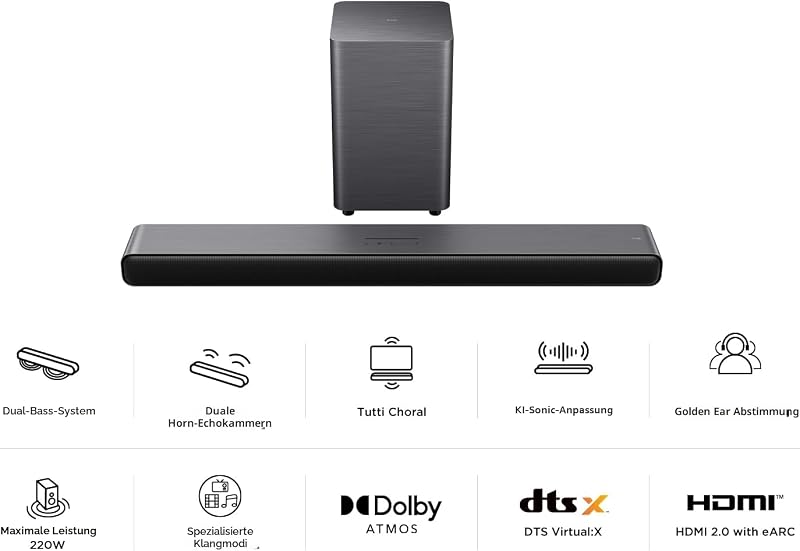 S55HE Soundbar 2.1 Kanal mit kabellosem Subwoofer, 220W Heimkino-Lautsprecher, Dolby Atmos, DTS Virtual:X, Sound Expansion, Bluetooth 5.3, HDMI eARC, USB, Optisch, Wandmontage möglich