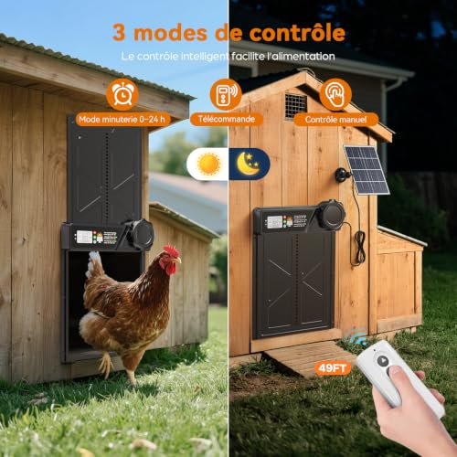 Grande Porte Automatique Poulailler Solaire avec Panneau 7W | Minuterie, Télécommande 15m, Écran LCD, Anti-Pincement, pour Poules Canards