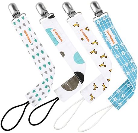 Pacifier Clips - 4 Pack - Stainless Steel Binky Clips/Strap/Leash for soothies, teethers - 2-sided Unisex Design by MOOBONA