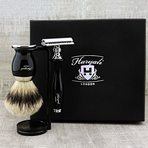 Shaving Set in Black Featuring Silver Tip Badger Brush & DE Safety Razor