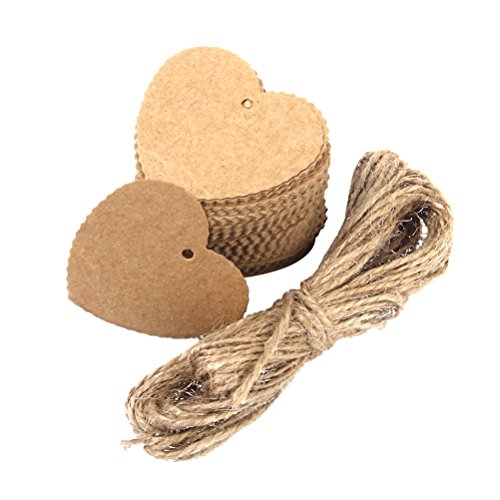 VORCOOL 100pcs Wedding Party Heart Shaped Scalloped Kraft Paper Tag with 10M Rope (Brown)