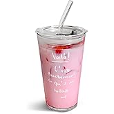 Olvini 15oz Glass Tumbler with Straw and Lid, Cute Iced Coffee Cups, Aesthetic Glass Cups, Coffee Tumbler, Water Cup, Matcha Cup, Drinking Glasses (The Perfect Match)