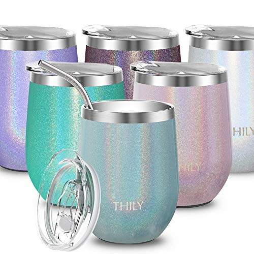 THILY Vacuum Insulated Stemless Wine Glass Stainless Steel 12 oz Wine Tumbler with Spill Proof
